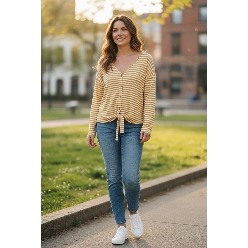 Women's Button Front Tie-Hem Top yellow striped Long Sleeve Shirt Top Cardigan L